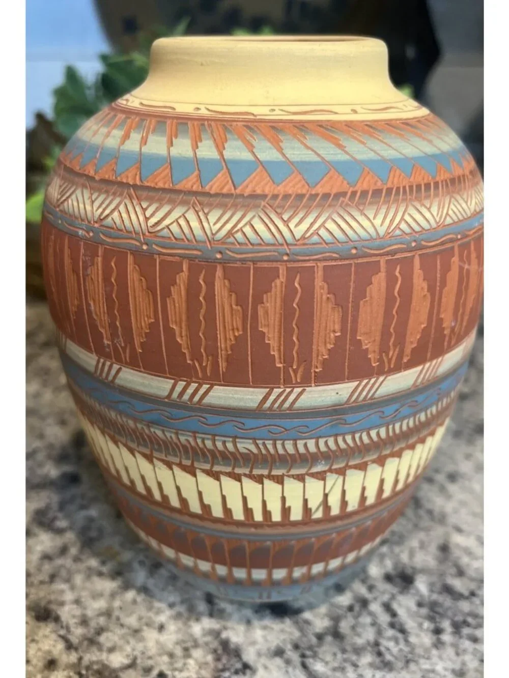 Native American Navajo Johnson Etched Painted Pottery Vase Southwestern Signed